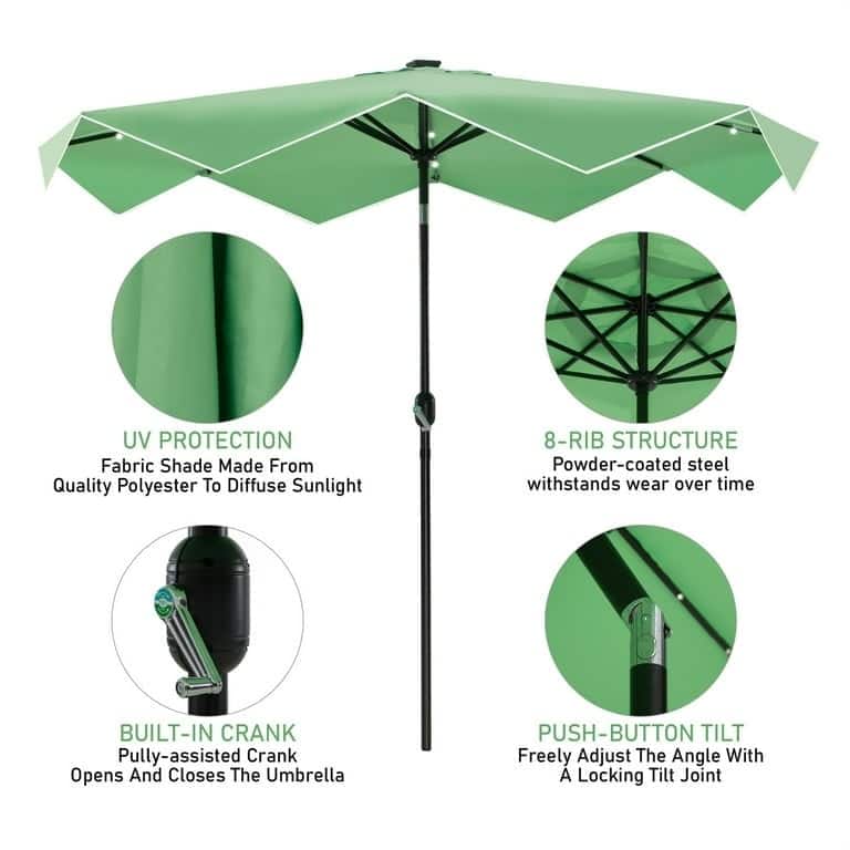 10Ft Patio Ruffled Edge Umbrella Auto-Tilt Crank Umbrella with LED Lights