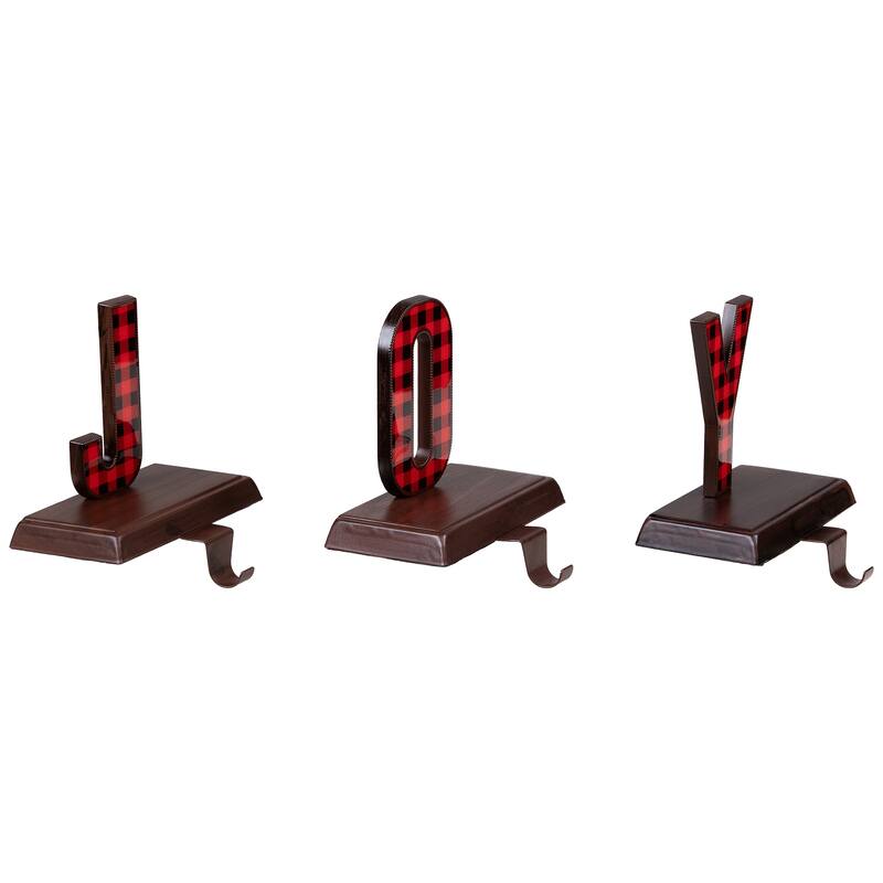 Set of 3 Red Black Buffalo Plaid "JOY" Christmas Stocking Holder 6"