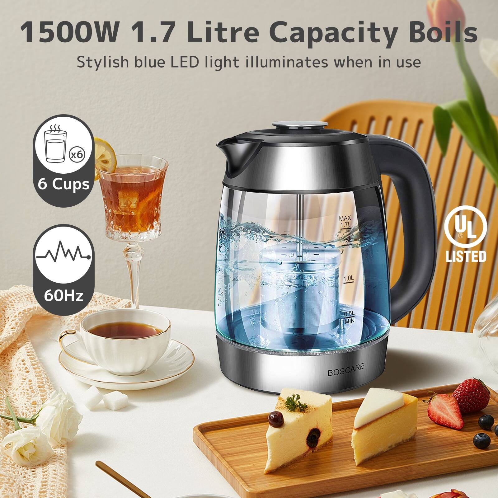 1.7 Liters Capacity Electric Glass Tea Kettle with Removable Infuser, Stainless Steel & LED