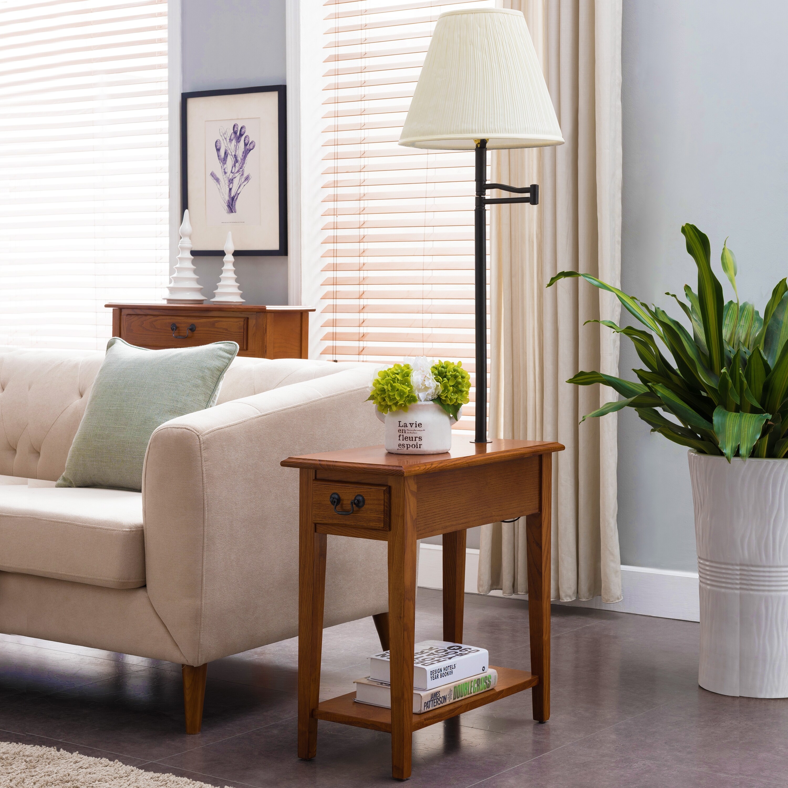 Leick Home 9037 MED One Drawer Swing Arm Lamp Side Table with Shelf Medium Oak