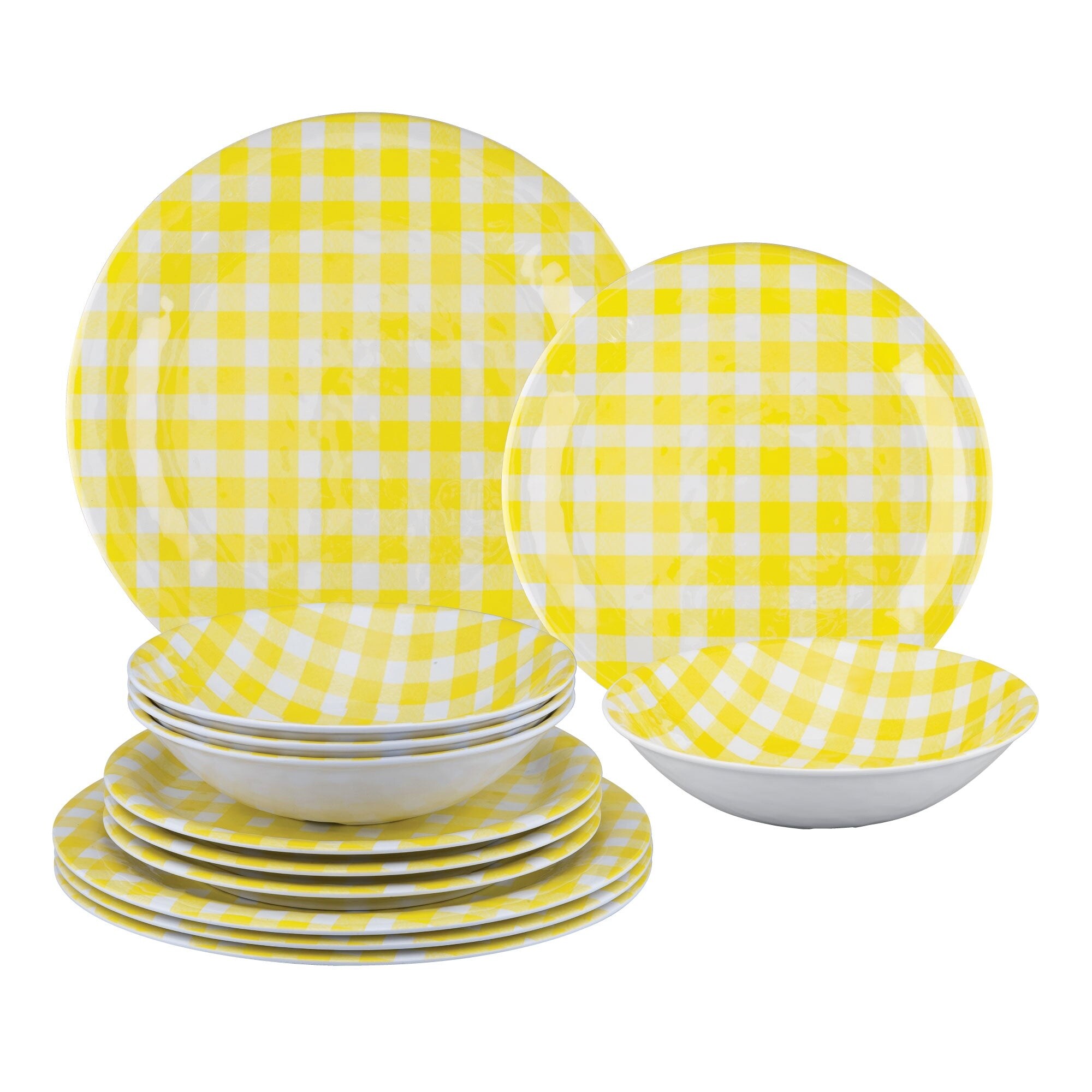 UPware 12 Piece Gingham Melamine Dinnerware Set Yellow