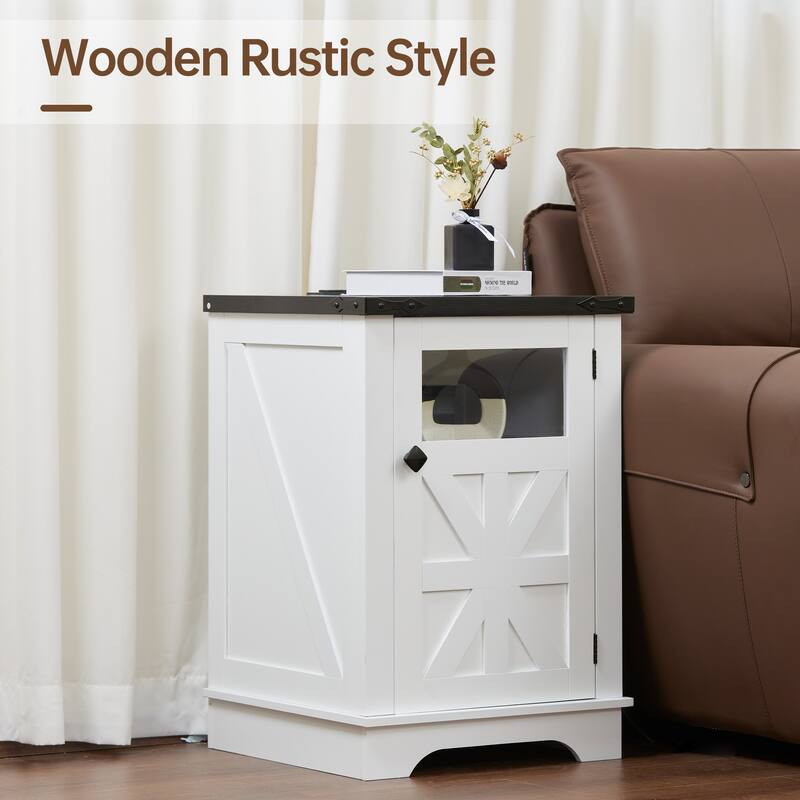 Farmhouse 18' Rustic Nightstand Wooden End Table with Charging, Barn Door, Adjustable Shelf and 3-Tier Storage