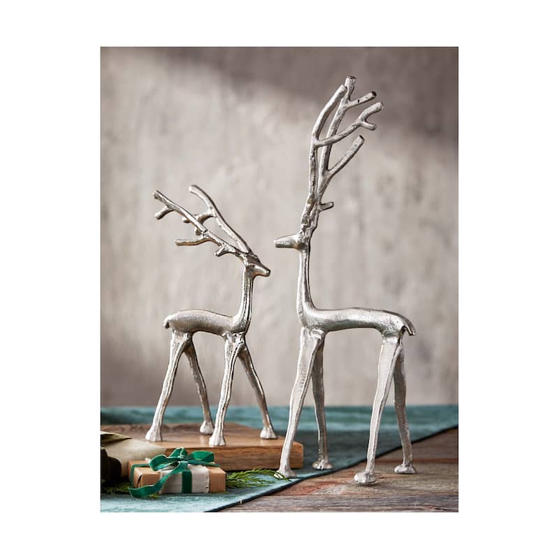 Small Cast Aluminum Reindeer Figurine - Decorative Holiday Decor for Christmas - Silver - 11" H x 5.5" L x 4.75" W
