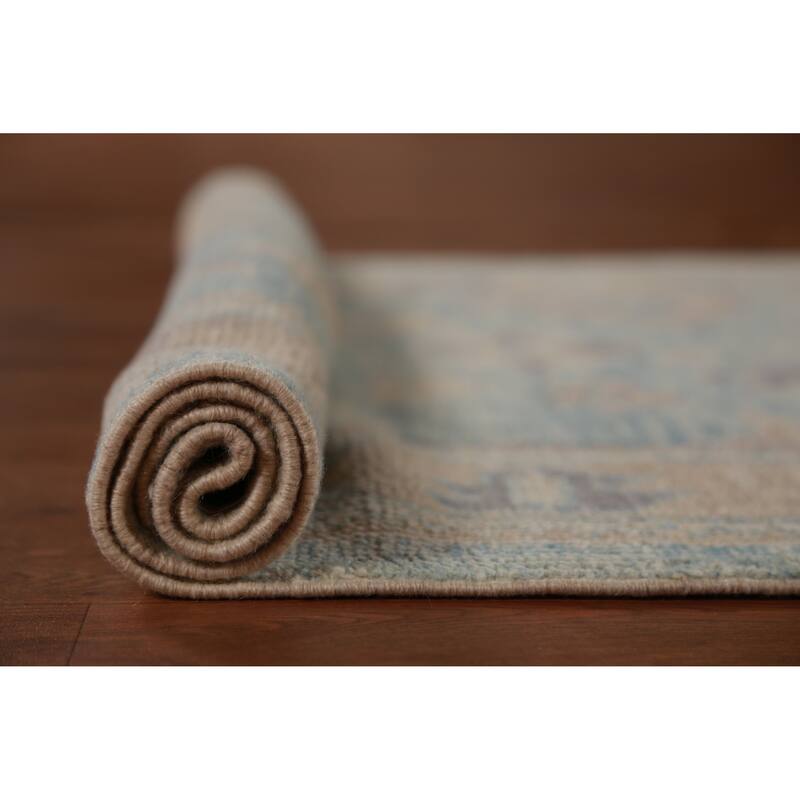 Hand Knotted Oriental 100% Wool Carpet Transitional Floral Navy Blue & Blues Oushak Runner Rug - 17' 2'' X 3' 4''