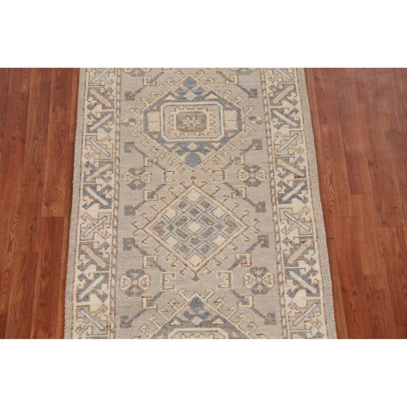 Hand Knotted Oriental 100% Wool Carpet Transitional Geometric Beige & Ivories Oushak Runner Rug - 11' 7'' X 3' 1''