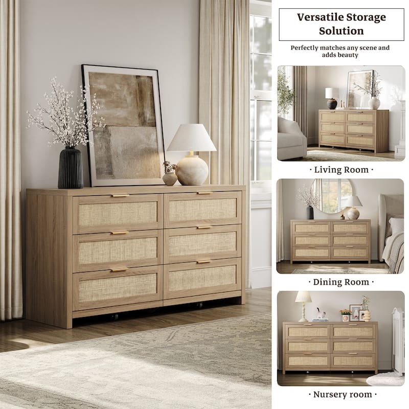 Elegant Right Angled Dresser with 6 Rattan Woven Drawers