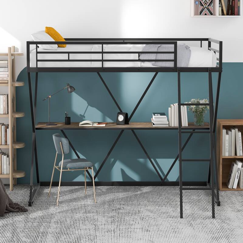 Twin Size Loft Bed with Wood Desk & Ladder, XShaped Metal Bedframe w