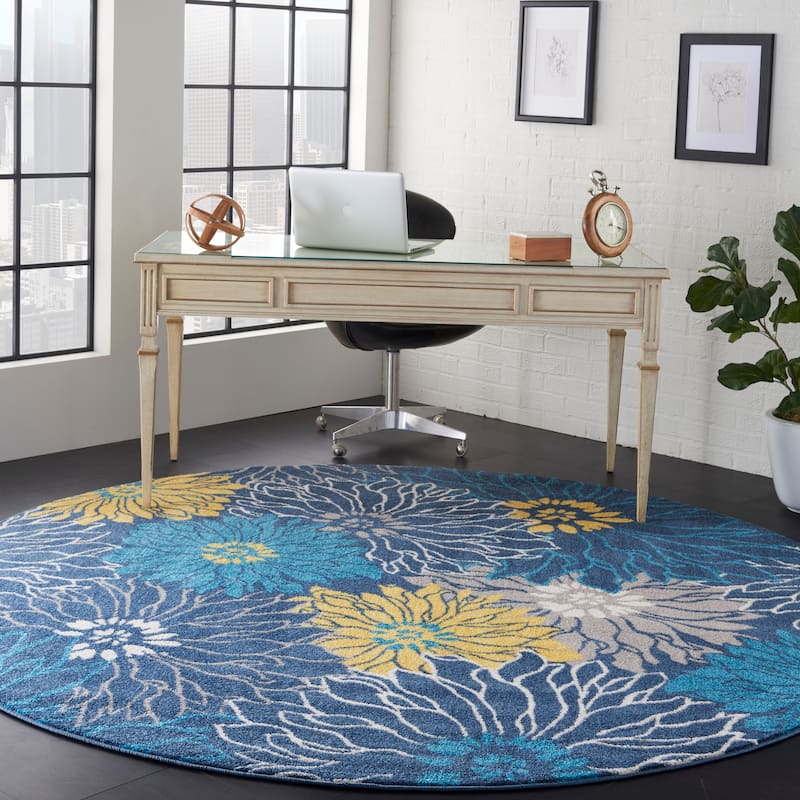 Nourison Passion Abstract Modern Floral Area Rug - 8' Round - Blue/Yellow