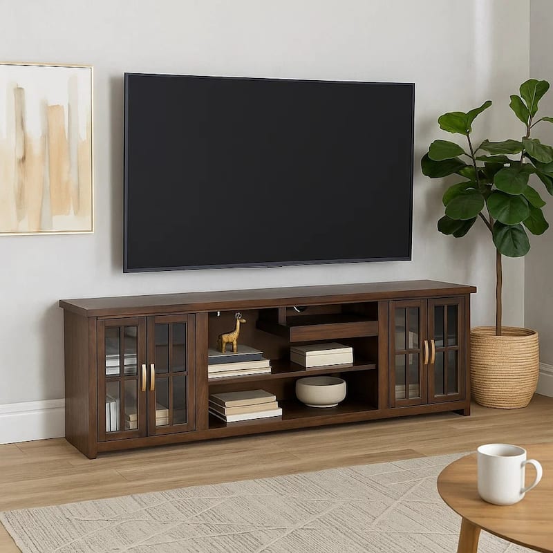 Zeka TV Media Console, 98 Inch w 2 Glass Cabinets, Dark Brown Mahogany