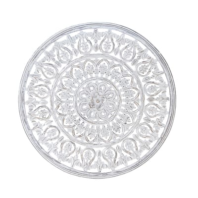 Wood Floral Handmade Intricately Carved Wall Decor with Mandala Design - White - Roche River Decor