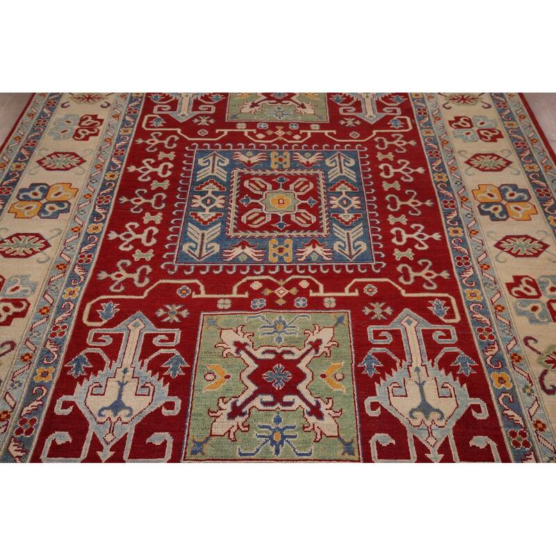 Geometric Red Kazak Area Rug Handmade Oriental Wool Carpet - 6'8" x 9'9"
