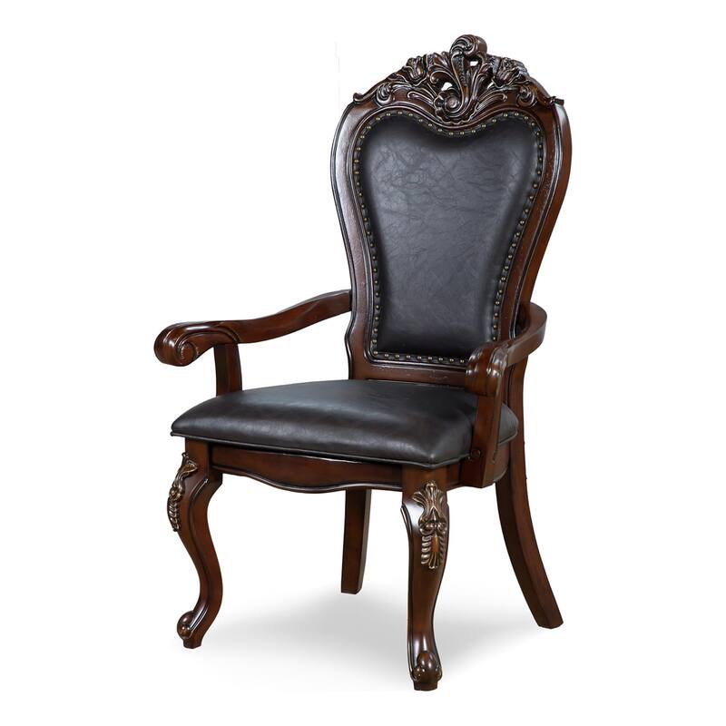 Zenie 7pc Dining Set, Classy Cherry Brown Wood Table, 6 Carved Chairs