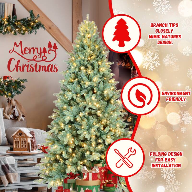 8FT Blue-Green Tint PE/PVC Christmas Tree with 650 Warm White LED Lights-2458 Tips,Full Natural Look, Metal Stand