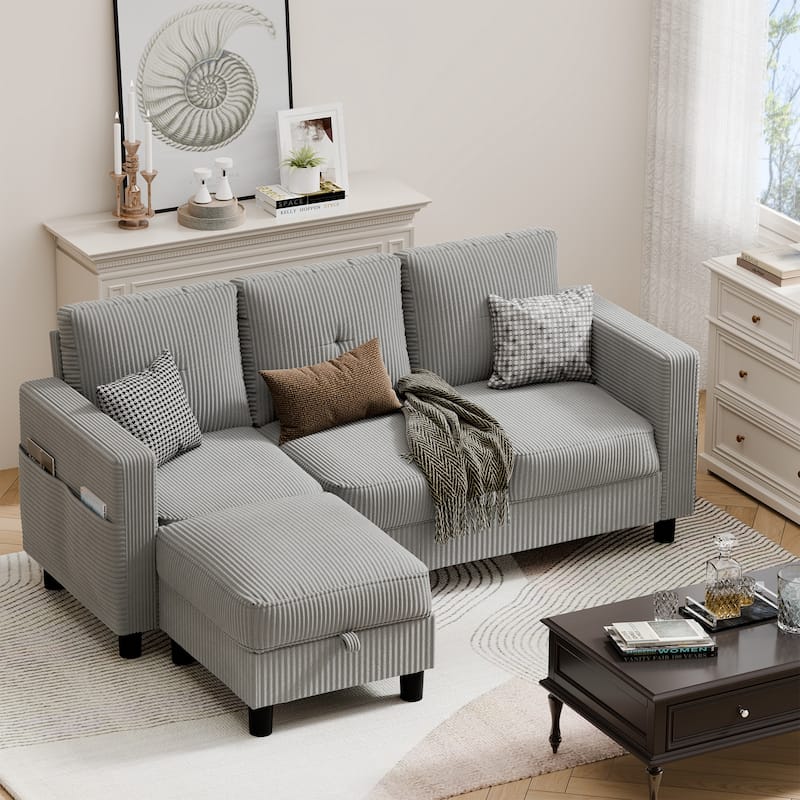 3-Seater Sectional Sofa with Movable Ottoman, Modern Living Room Couch