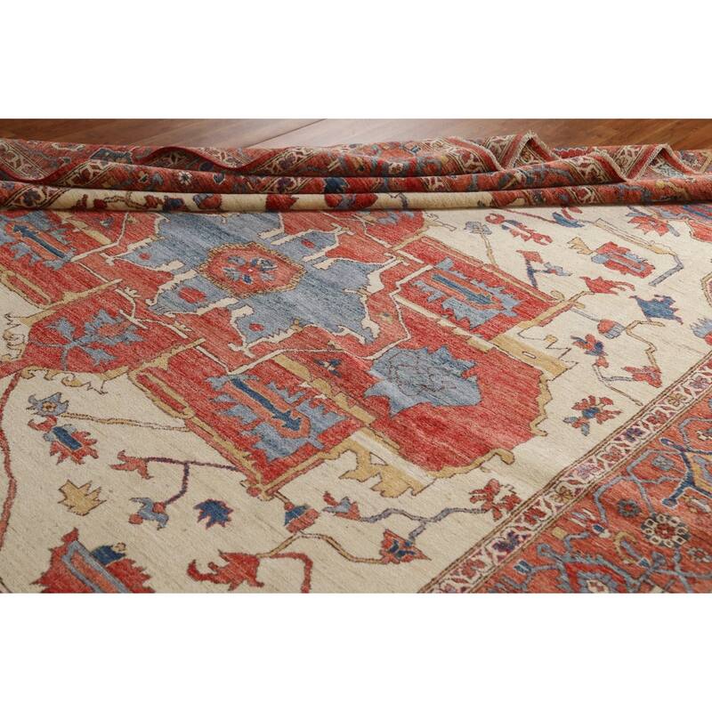 Hand Knotted Oriental 100% Wool Carpet Traditional Medallion Beige & Ivories Heriz (serapi) Area Rug - 11' 10'' X 9' 2''