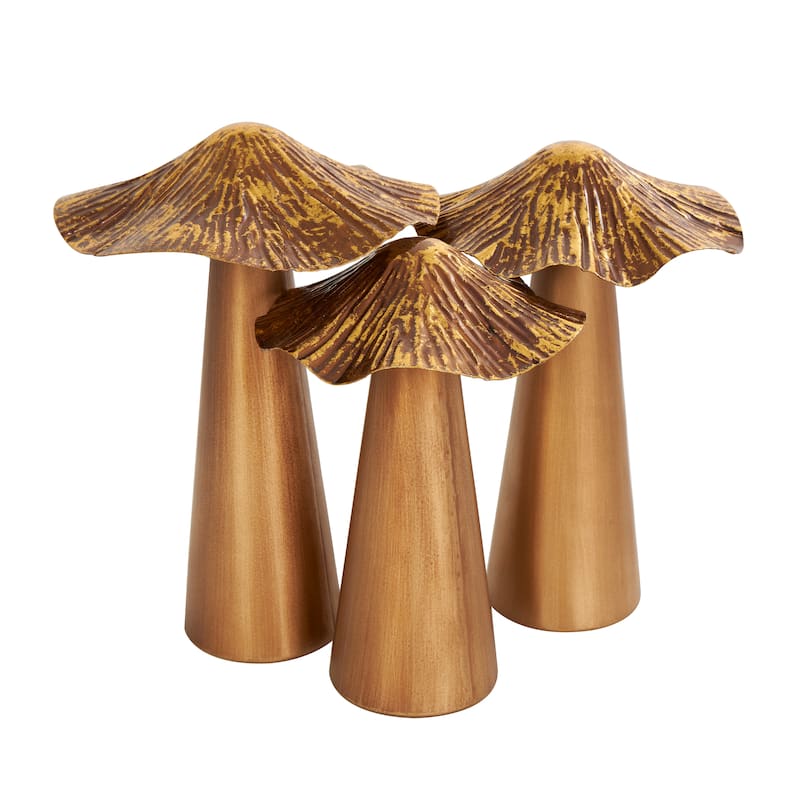 Bronze Metal Mushroom Decorative Sculpture with Textured Tops (Set of 3)