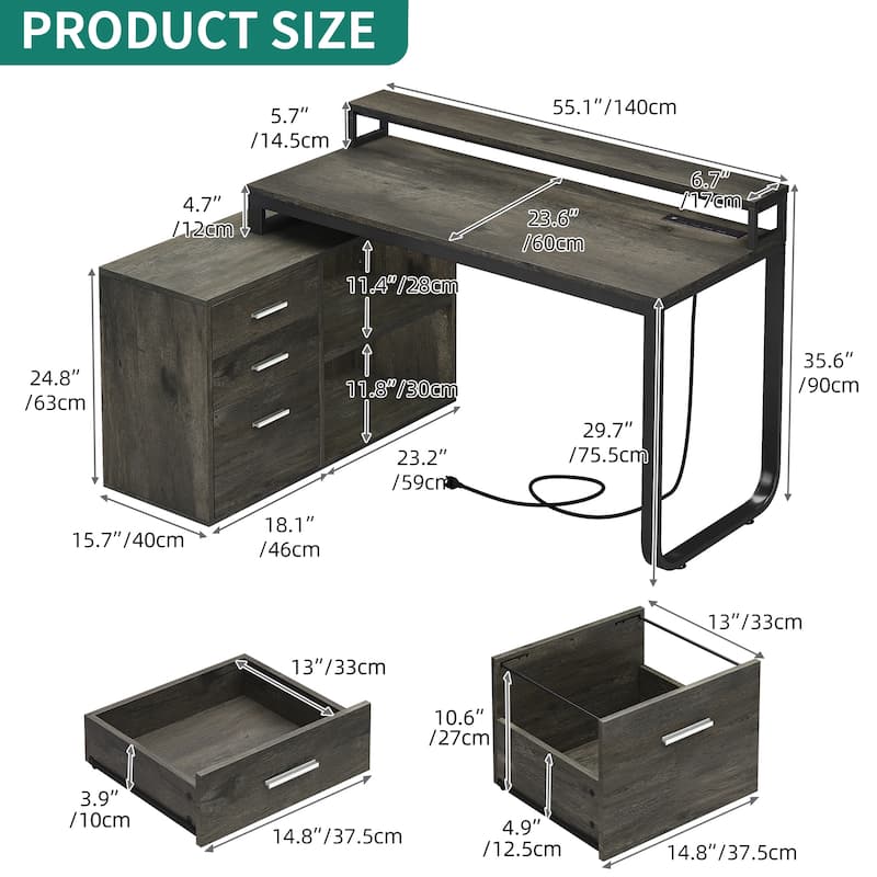 55 Inch L-shaped Gaming Desk with Power Outlets and LED Lights Computer Corner Desk with File Cabinet Monitor Stand