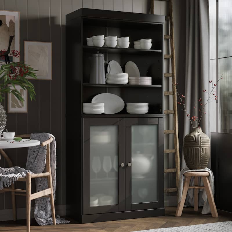 100% Solid Wood 32" Kitchen Pantry Cabinet with 2 Doors by Palace Imports - Black - Frosted Glass