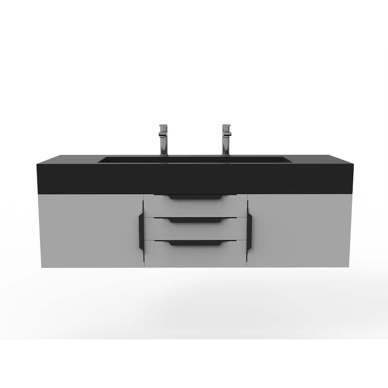 Nile 60" Wall Mounted Bathroom Vanity Set w/ Black Top - Grey - Matte
