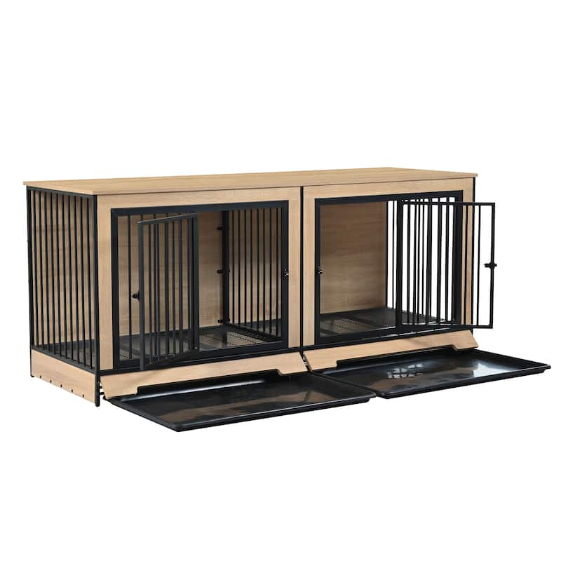 75'' Double Dog Crate Furniture, Extra Large Heavy Duty Dog Crates End Table, Wooden Dog Kennel with Removable Tray & Divider