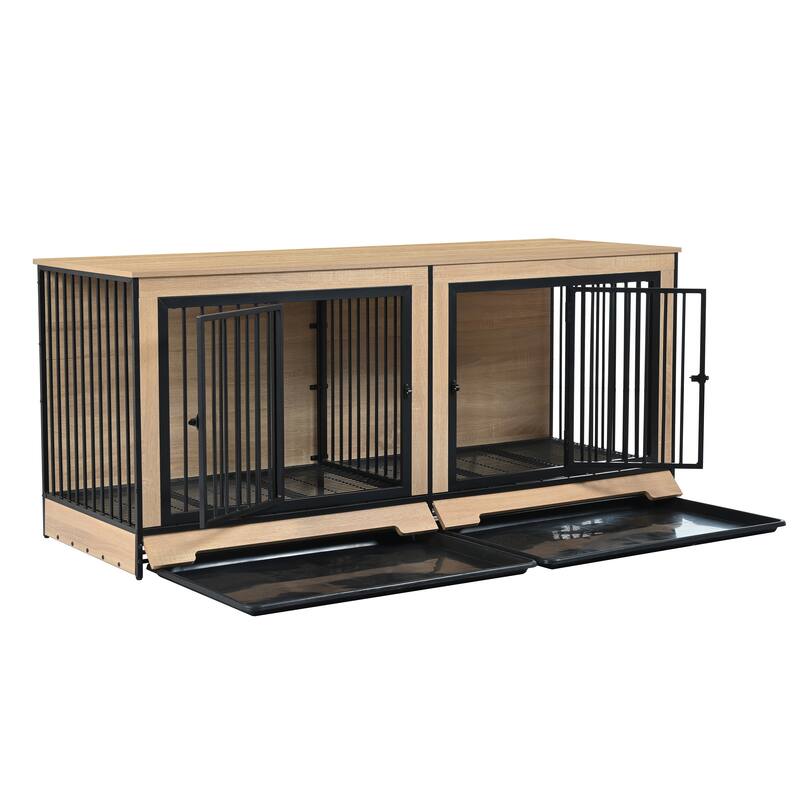 Dog Crate Furniture with Two Combined Room, XL Large Double Dog Cage Furniture with Tray for Medium Large Dogs