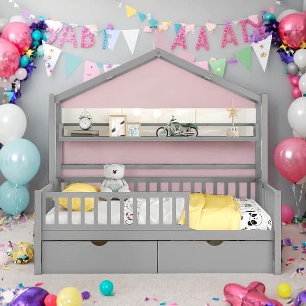 slide 2 of 35, Modern Full Size Wooden House Bed Kids Bed with 2 Drawers and Storage Shelf,Playhouse Design Grey