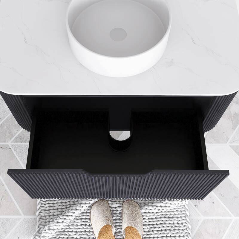 Plywood Wall-Mounted Bathroom Vanity Set with Integrated Ceramic Sink in Natural Wood