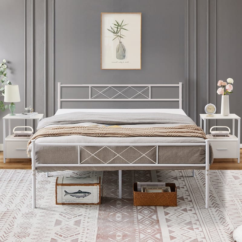VECELO Industrial 3-Piece Bedroom Set Metal Bed Frame with Headboard and Modern Nightstand Set of 2 - White Set - Full