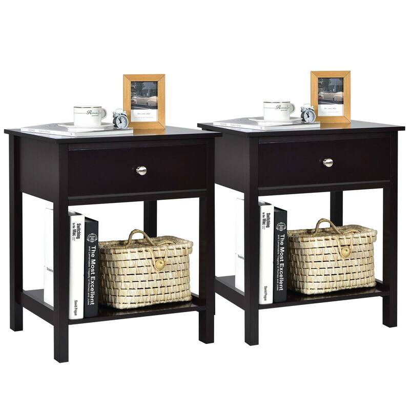 Gymax 2PCS 2-Tier Nightstand Modern Side End Table w/ Drawer & Open - Brown