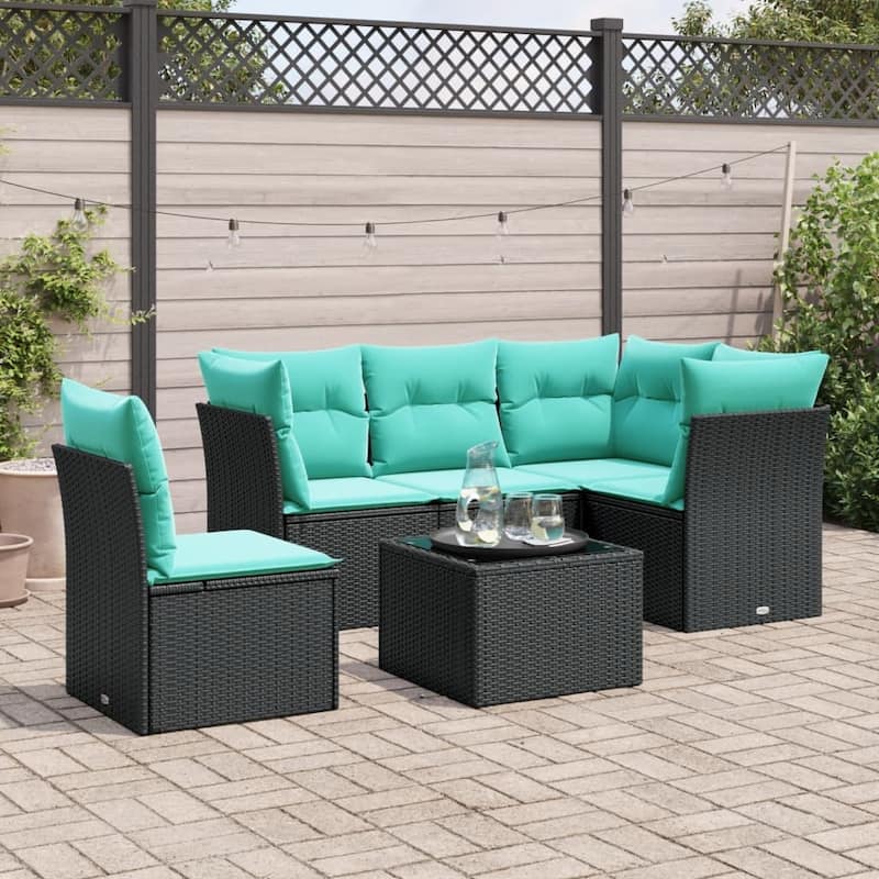 vidaXL 5 Piece Patio Sofa Set with Cushions Black Poly Rattan - 70.5x27.2x48.8-With table