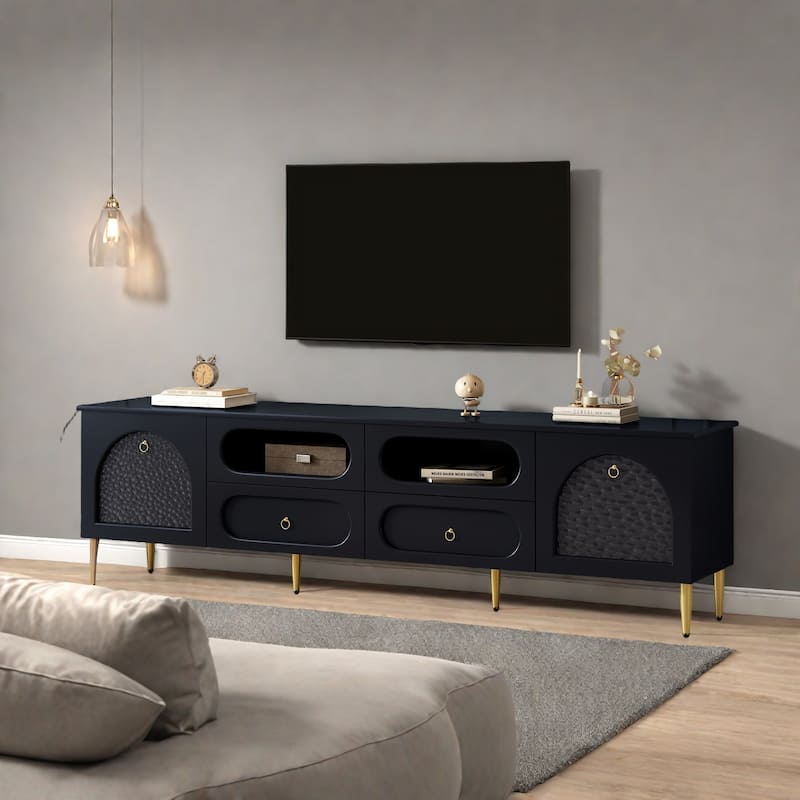 78.8" Modern Glass-Accent TV Stand - 4 Drawers and 2 Glass Cabinets, 6 Metal Legs and Cable Management - Black