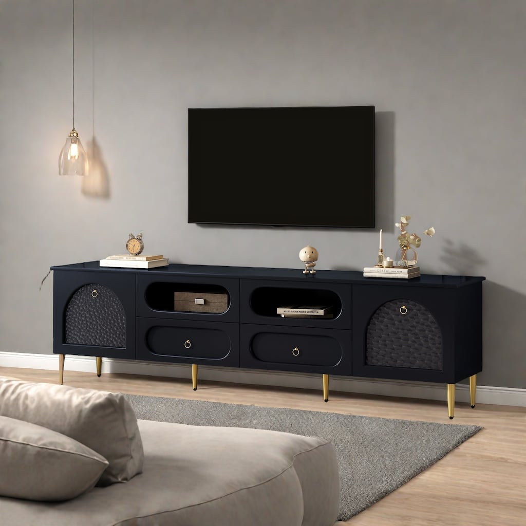 78.8" Modern Glass-Accent TV Stand - 4 Drawers and 2 Glass Cabinets, 6 Metal Legs and Cable Management