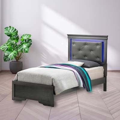Jewel Tufted Upholstered Twin Panel Bed with LED Lights - 80" - Black