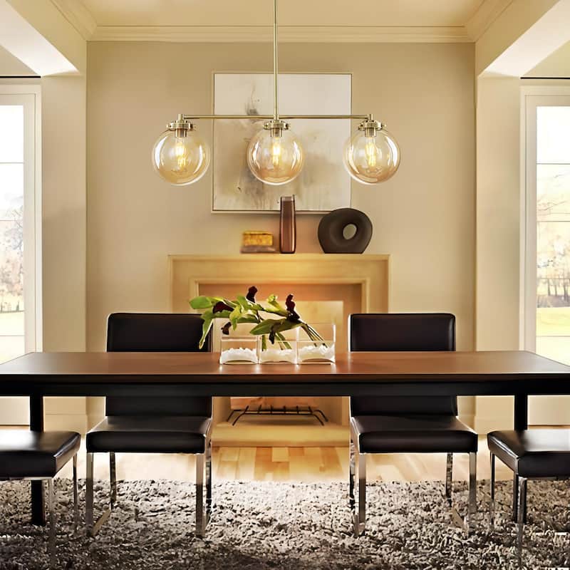 3-Light 33.46" Modern Gold & Antique Bronze Amber Glass Globe Linear Pendant - 33.46" W × 10.24" H × 7.87" D