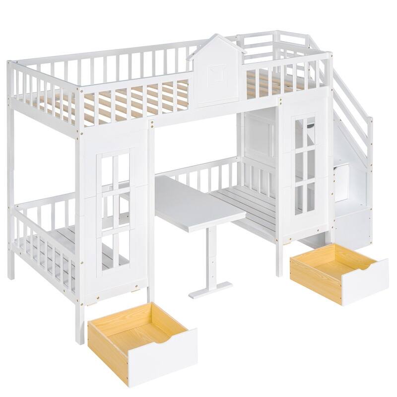 Twin-Over-Twin Bunk Bed with Changeable Table, Bunk Bed Turn into Upper Bed and Down Desk