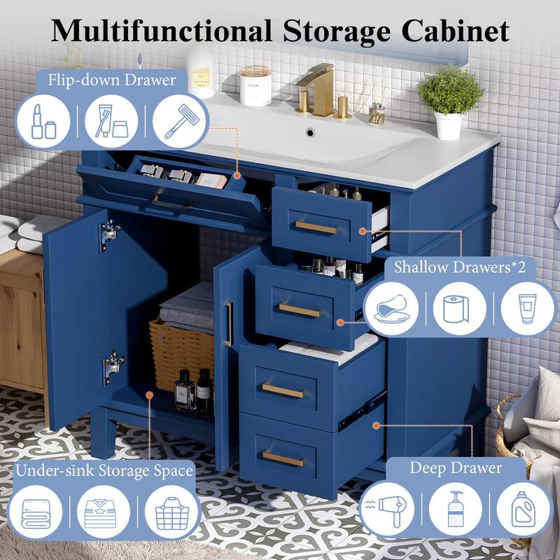 36" Modern Bathroom Vanity with Ceramic Sink, Soft Close Doors, 4 Drawers for Storage for Small Bathrooms