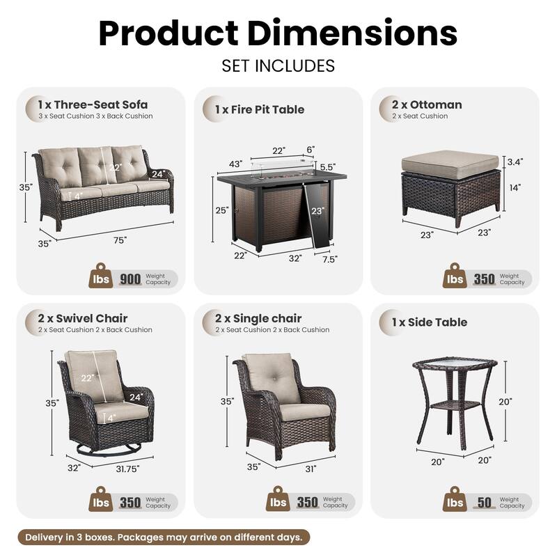 Gymojoy 10-Piece Outdoor Wicker Patio Set with Swivel Glider Chairs & 55,000 BTU Fire Pit Table for Garden, Backyard, Poolside