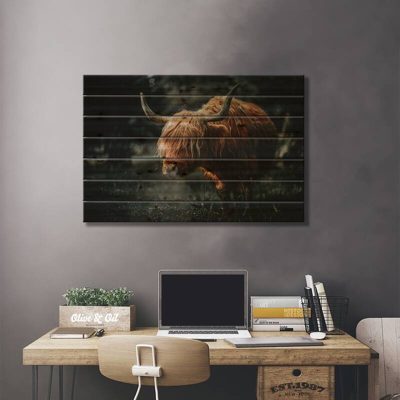 Scottish Cow Animal , Horns Print On Wood by Adrian Vieriu - Multi-Color