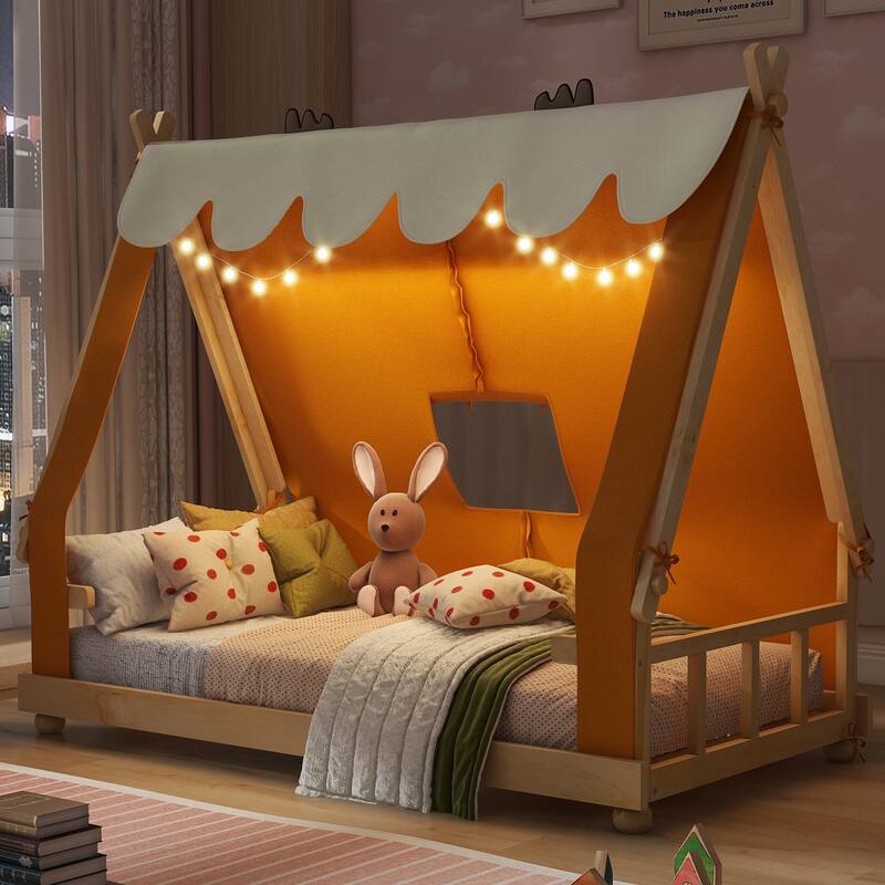 Deer Antler Accents House Bed Tent with Light and Roll-Up Curtain Skylight, Low Platform Bed with Detachable Tent and Roof