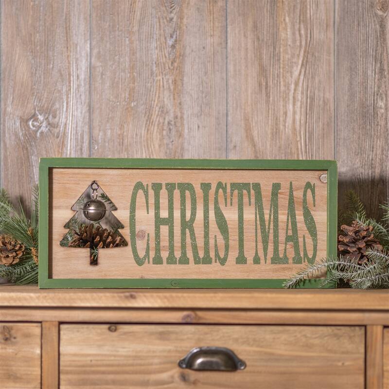 18" Green-Brown Rustic Wooden Christmas Sign with Sleigh Bell Accent for Holiday Indoor Wall or Tabletop Decor