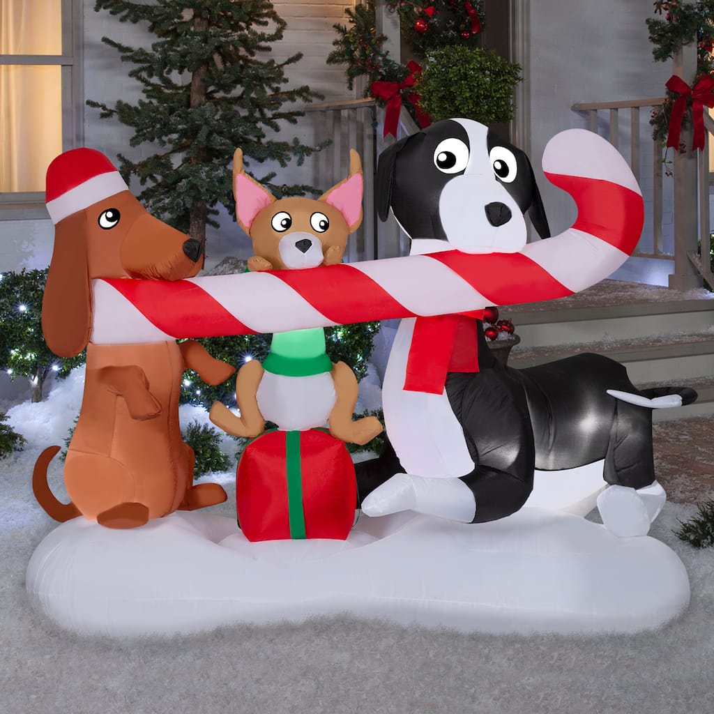 Gemmy Christmas Inflatable Dogs Sharing a Candy Cane Scene, 4.5 ft Tall