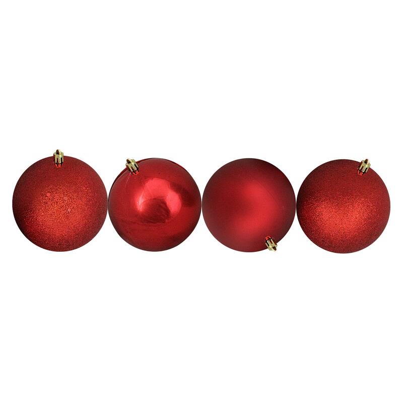 Shatterproof 4-Finish Christmas Ball Ornaments - 4" (100mm) - Red - 12ct