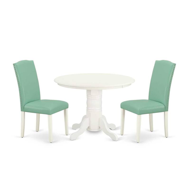 Dinette Set 3Pc Round Table & 2 Parsons Chairs - 42" Kitchen Table Set - Linen White Legs, Pond PU Leather