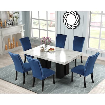 Dining Table Set with 1 Marble Table and 6 Upholstered-Seat Chairs