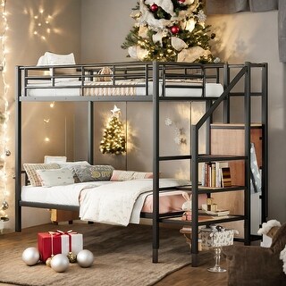 Twin Over Twin Metal Bunk Bed with Storage Ladder and Wardrobe