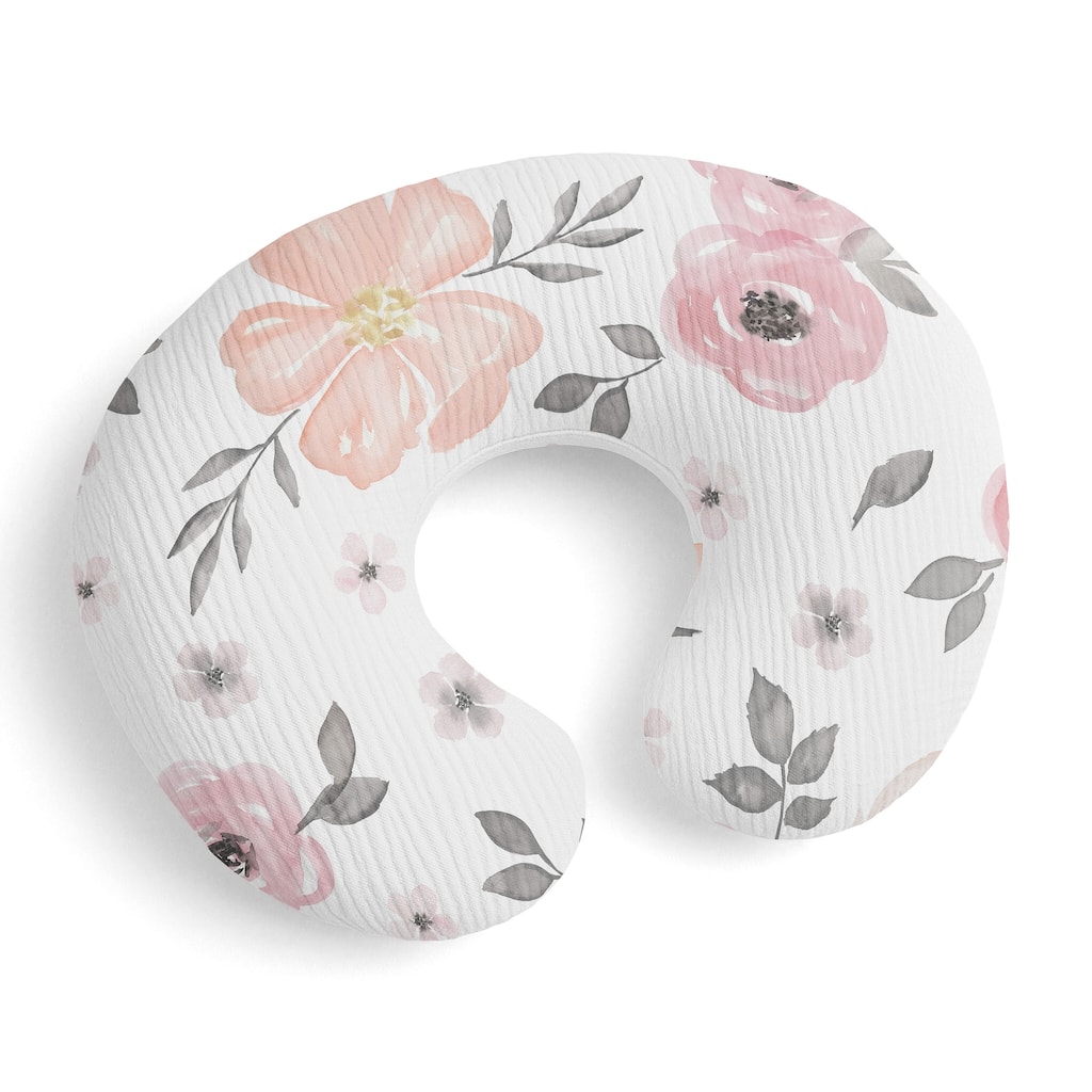 Sweet Jojo Designs Pink/Grey Watercolor Floral Pink Girl 100% Cotton Muslin Nursing Pillow Cover Case - Shabby Chic, Farmhouse