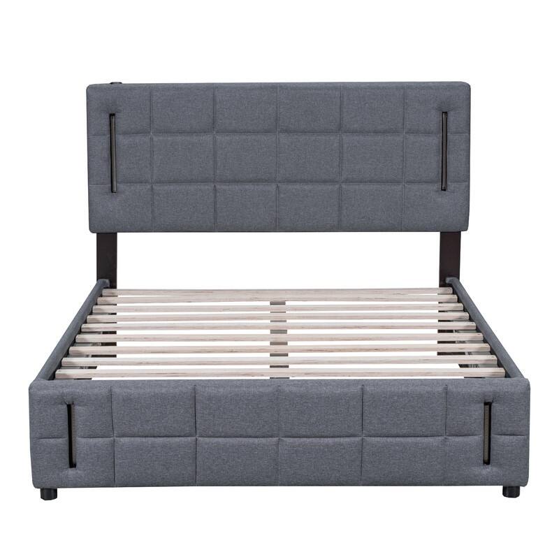 Queen Size Upholstered Platform Bed with Hydraulic Storage System and LED Light