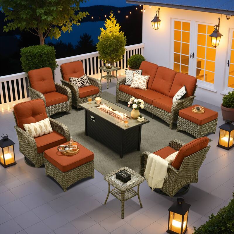 OVIOS 10-piece Patio Wicker Conversation Furniture Set with Fire Pit
