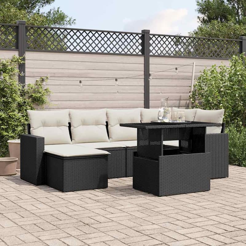 vidaXL Patio Sofa Set with Cushions Outdoor Furniture 7 Piece Poly Rattan - 21.7 x 39.4 x 28.7 - Black and Cream-without storage