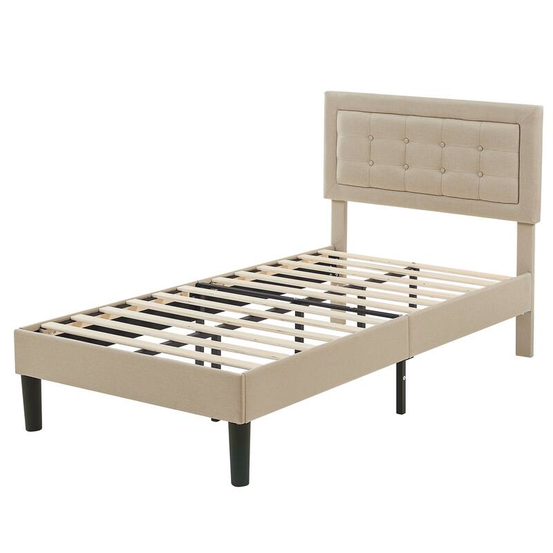 VECELO Tufted Upholstered Kids Bed with Adjustable Headboard,Twin Size Bed Set of 2